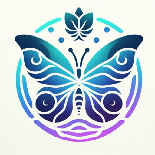 multicolored butterfly stencil with circle around it, shades of blue, green and purple