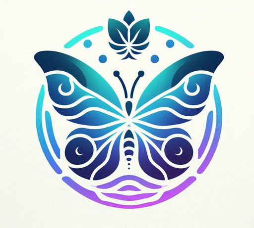 multicolored butterfly stencil with circle around it, shades of blue, green and purple