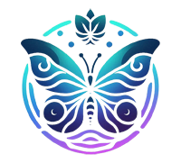 multicolored butterfly stencil with circle around it, shades of blue, green and purple